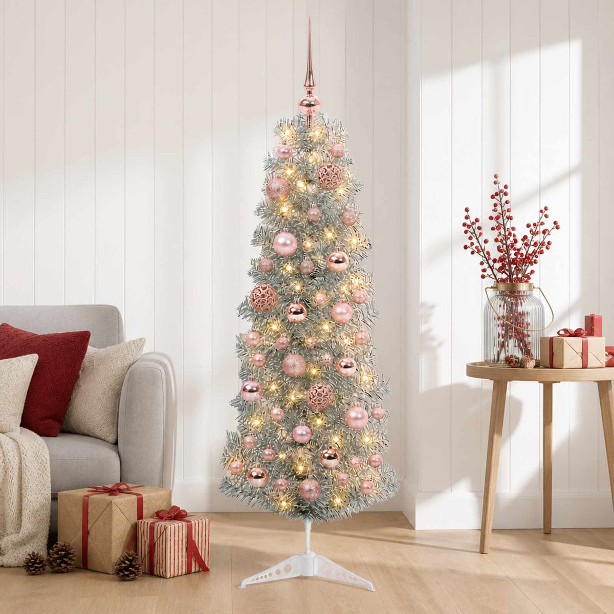 vidaXL Sztuczna wąska choinka z bombkami 150 cm 150 LED Ciepła biel