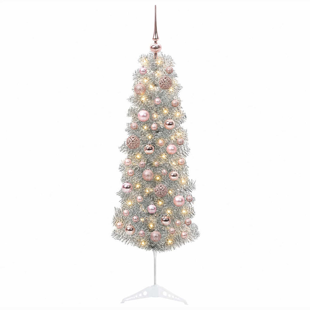 vidaXL Sztuczna wąska choinka z bombkami 150 cm 150 LED Ciepła biel