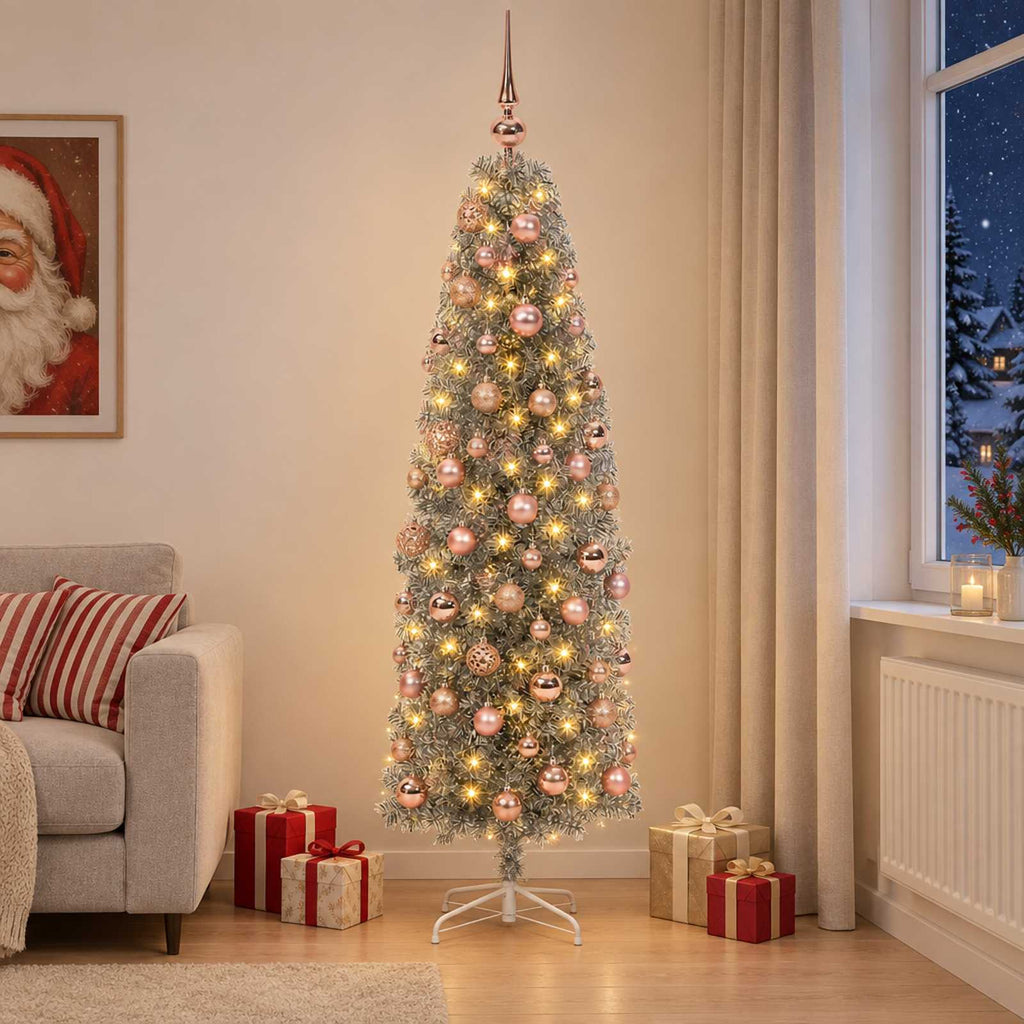 vidaXL Sztuczna wąska choinka z bombkami 180 cm 300 LED Ciepła biel