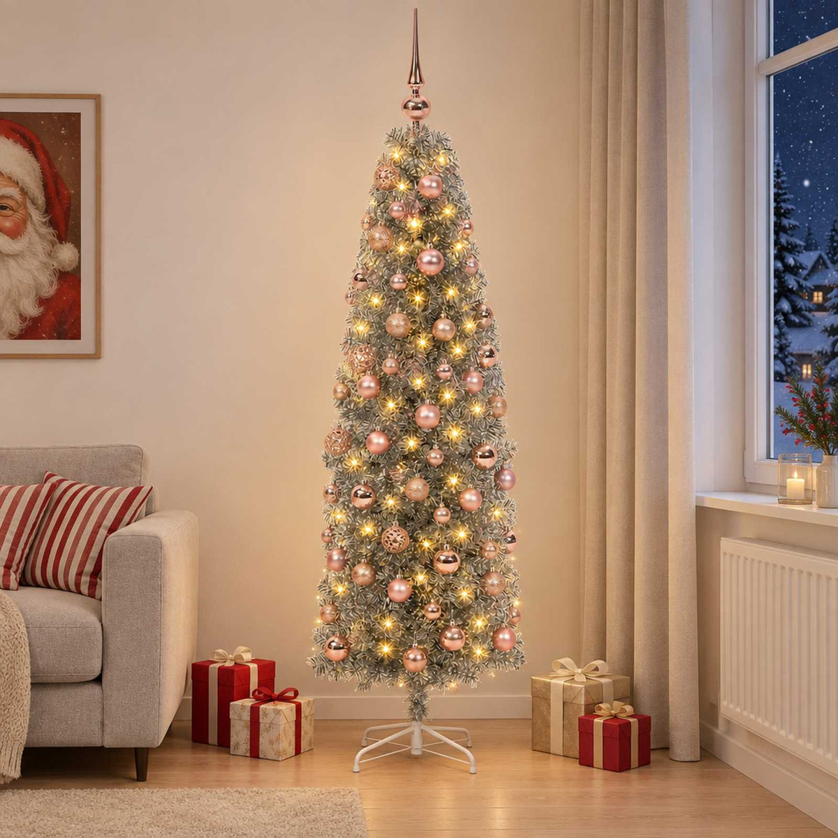 vidaXL Sztuczna wąska choinka z bombkami 180 cm 300 LED Ciepła biel