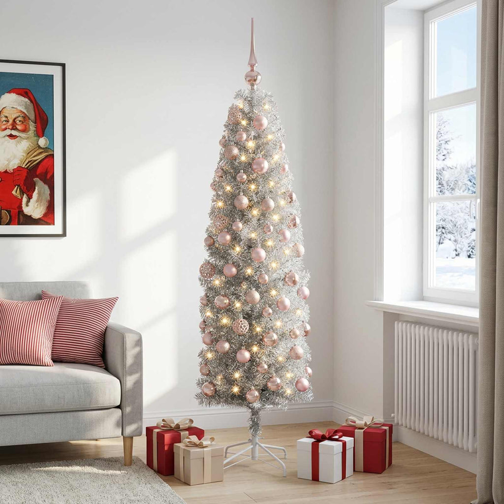 vidaXL Sztuczna wąska choinka z bombkami 180 cm 300 LED Ciepła biel