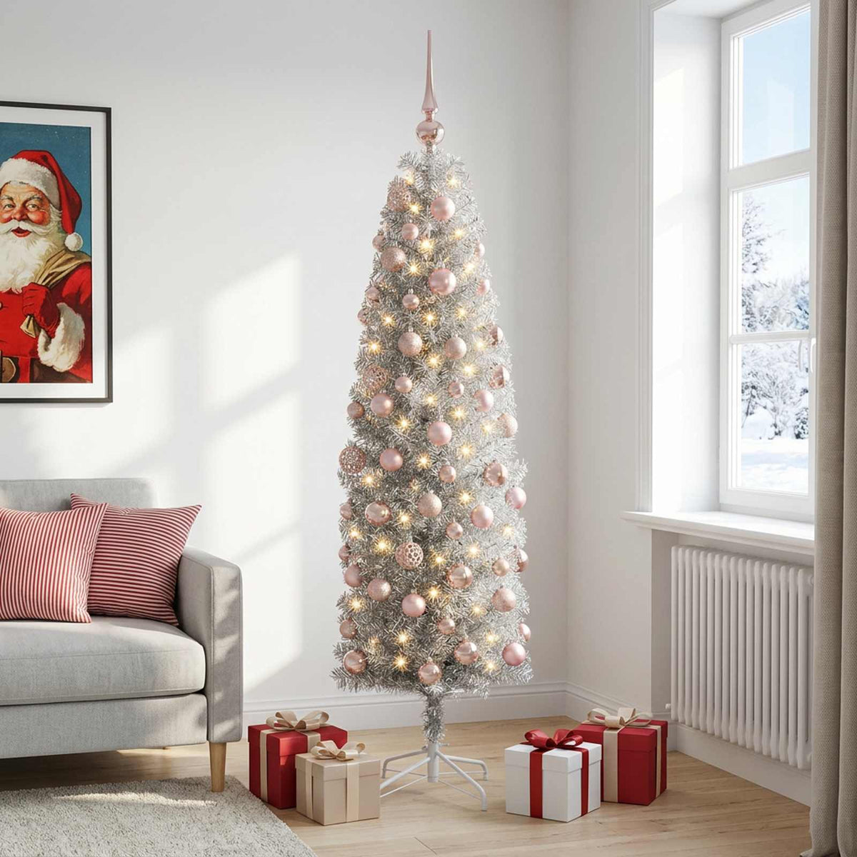 vidaXL Sztuczna wąska choinka z bombkami 180 cm 300 LED Ciepła biel