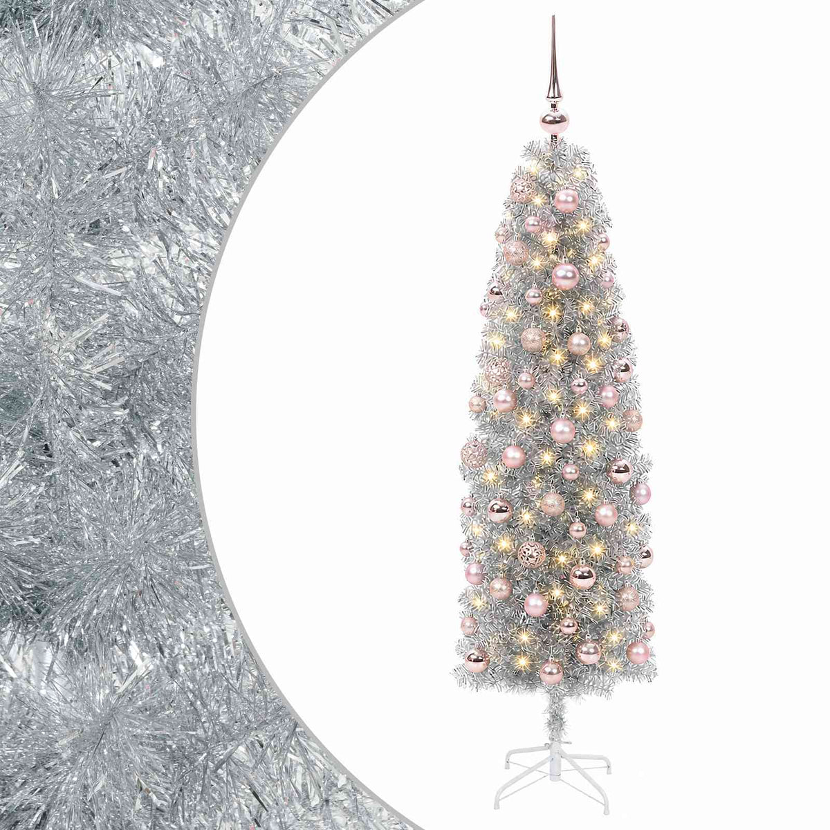 vidaXL Sztuczna wąska choinka z bombkami 180 cm 300 LED Ciepła biel