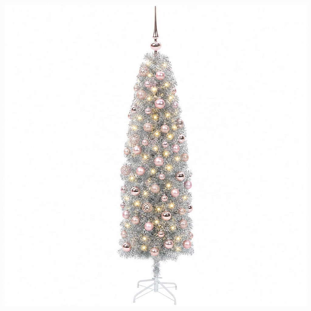 vidaXL Sztuczna wąska choinka z bombkami 180 cm 300 LED Ciepła biel