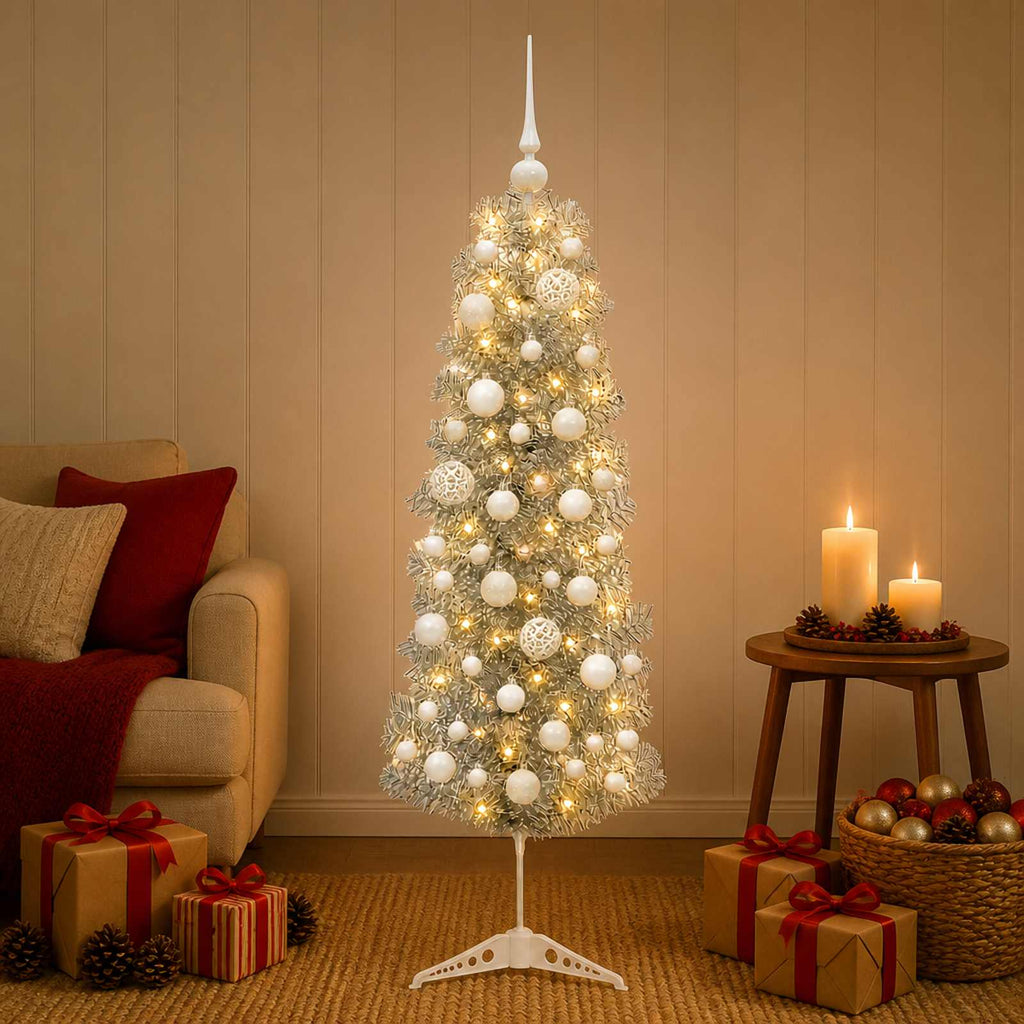 vidaXL Sztuczna wąska choinka z bombkami 150 cm 150 LED Ciepła biel