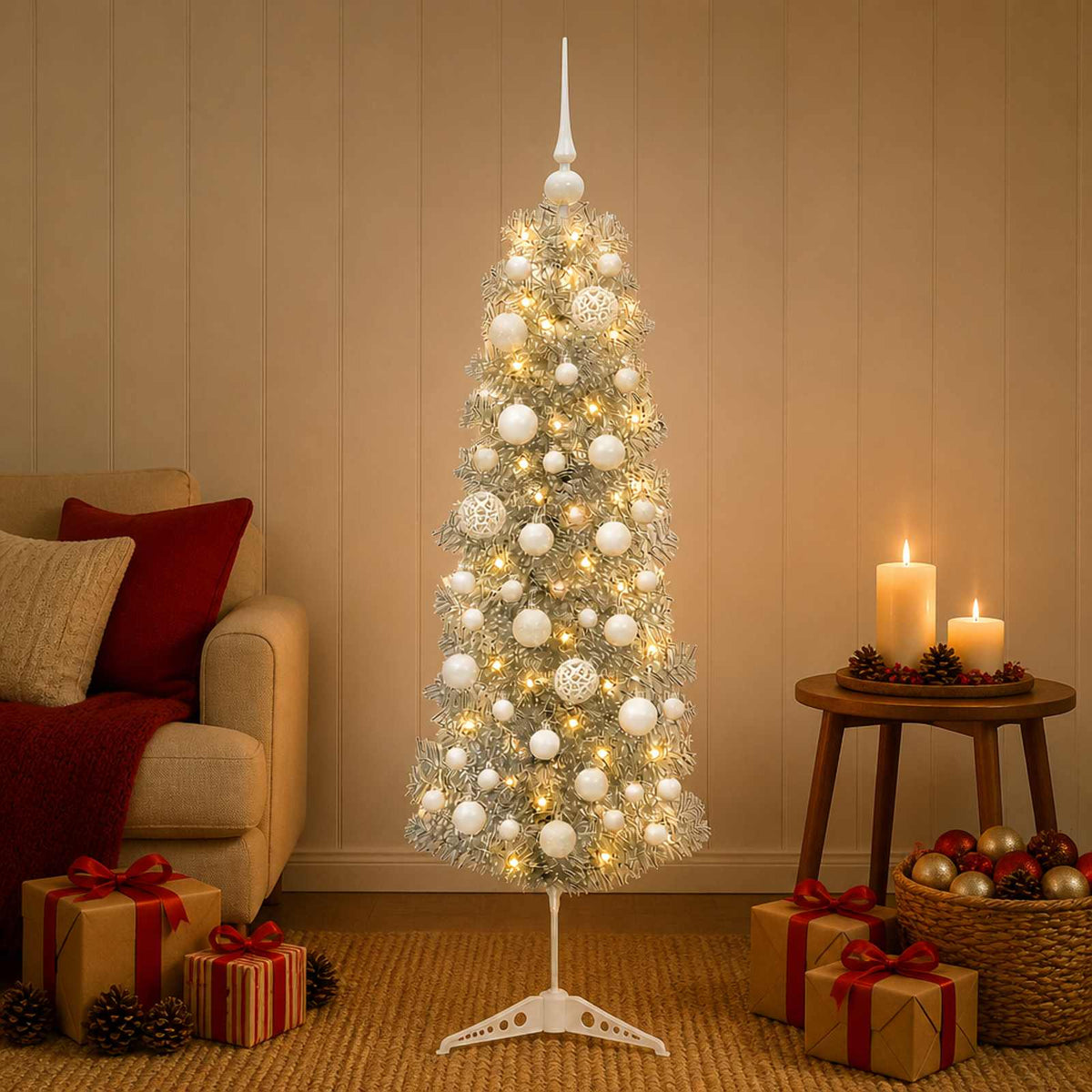 vidaXL Sztuczna wąska choinka z bombkami 150 cm 150 LED Ciepła biel