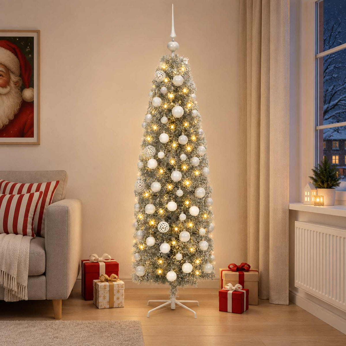 vidaXL Sztuczna wąska choinka z bombkami 180 cm 300 LED Ciepła biel