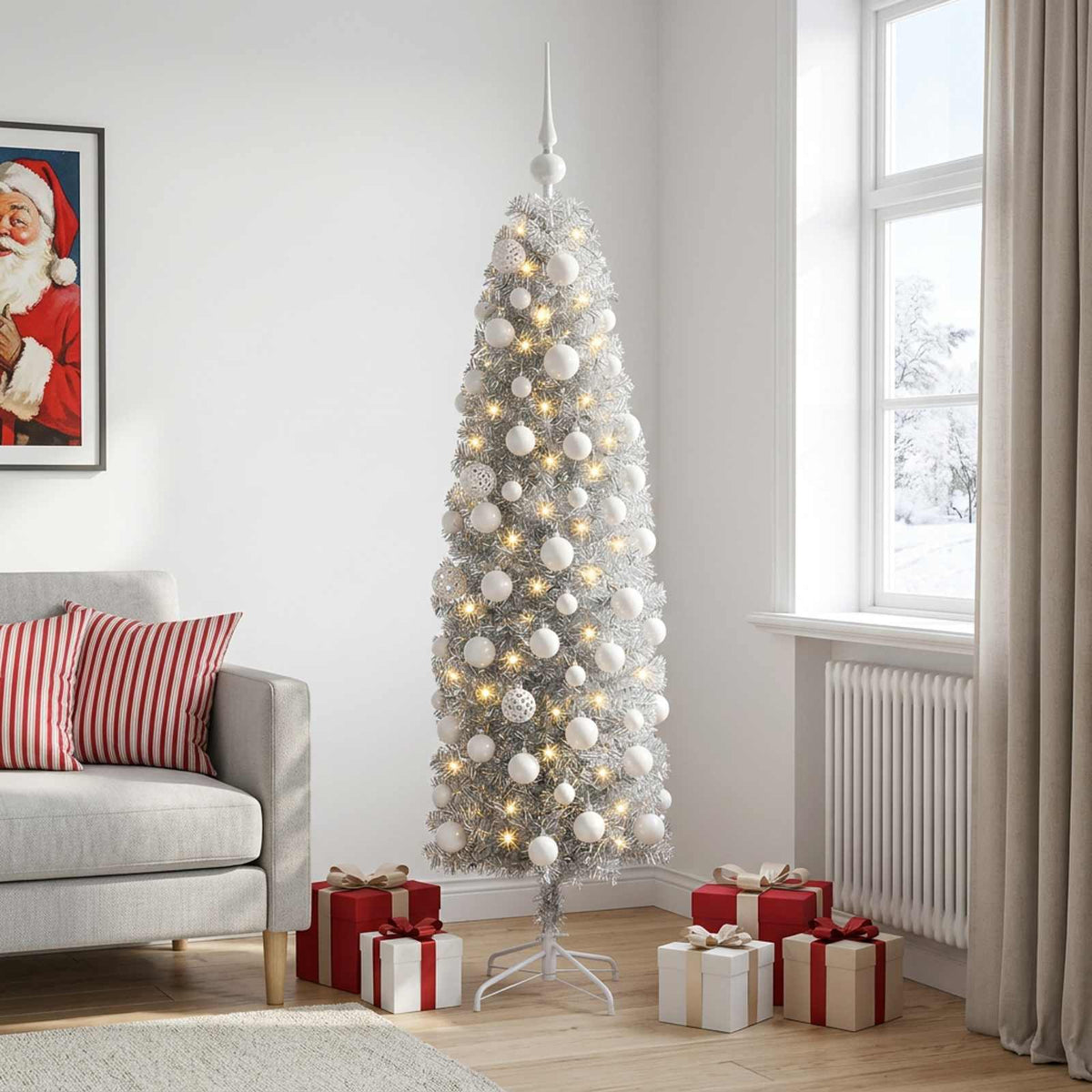 vidaXL Sztuczna wąska choinka z bombkami 180 cm 300 LED Ciepła biel