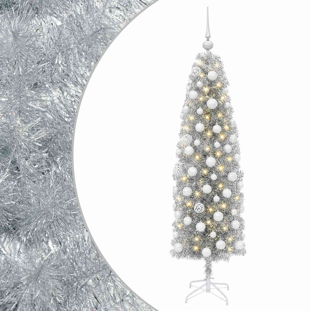 vidaXL Sztuczna wąska choinka z bombkami 180 cm 300 LED Ciepła biel