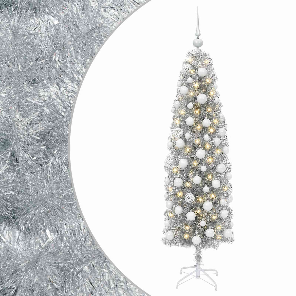 vidaXL Sztuczna wąska choinka z bombkami 180 cm 300 LED Ciepła biel