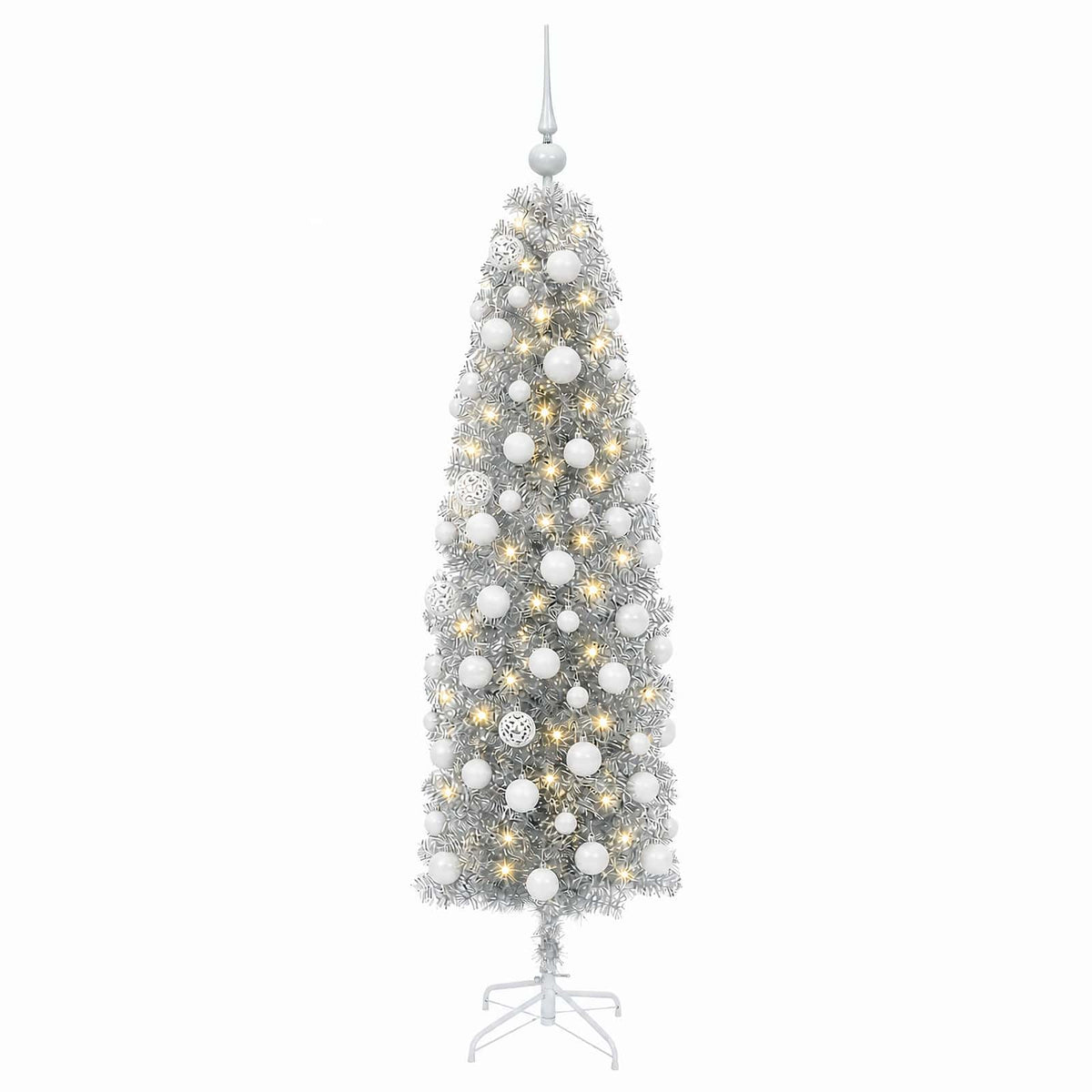 vidaXL Sztuczna wąska choinka z bombkami 180 cm 300 LED Ciepła biel