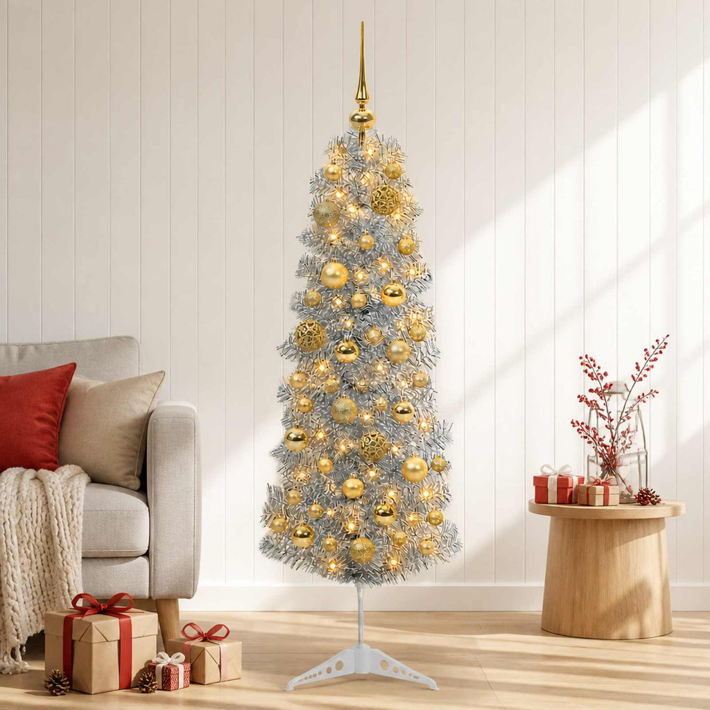 vidaXL Sztuczna wąska choinka z bombkami 150 cm 150 LED Ciepła biel
