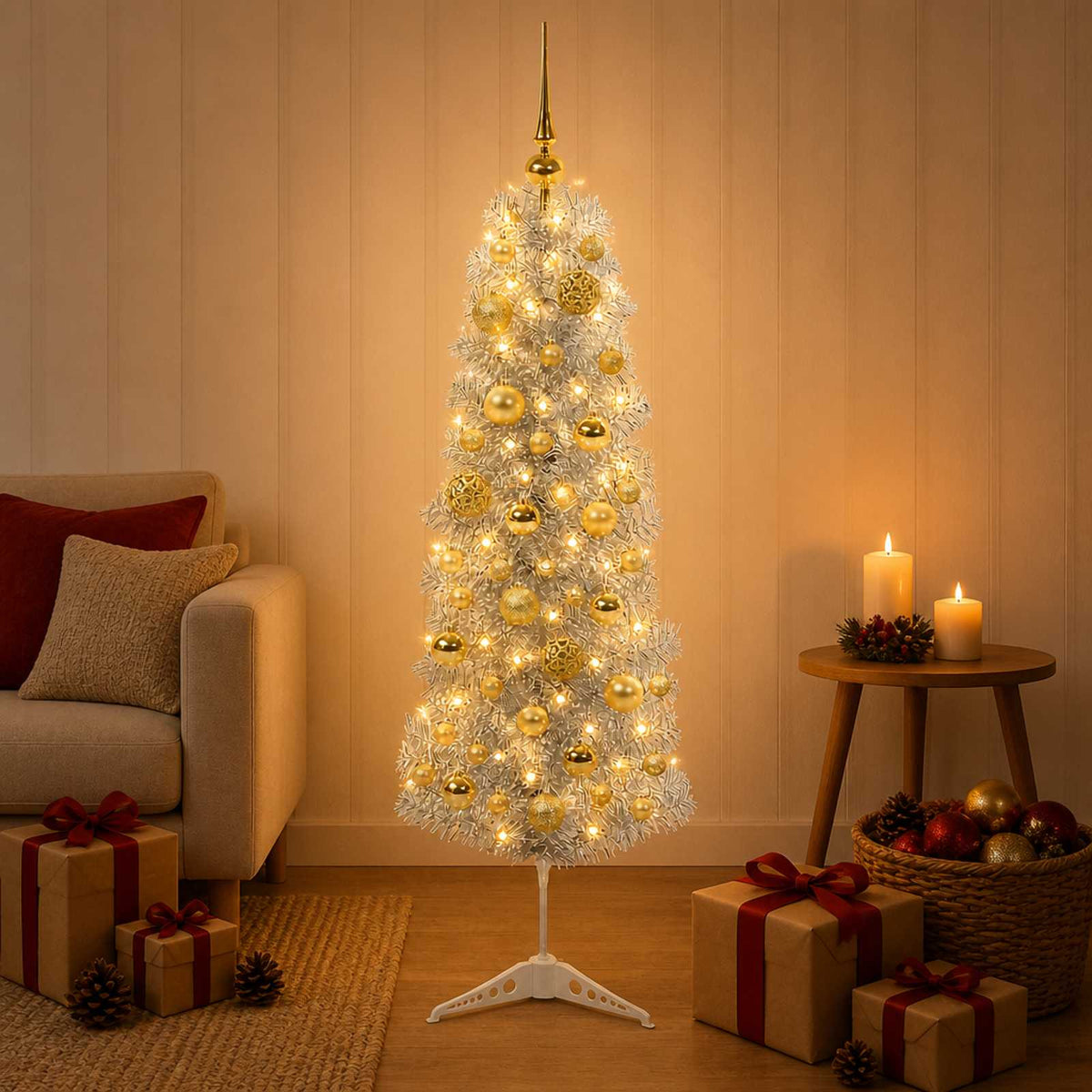 vidaXL Sztuczna wąska choinka z bombkami 150 cm 150 LED Ciepła biel