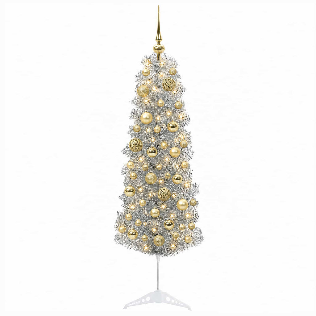 vidaXL Sztuczna wąska choinka z bombkami 150 cm 150 LED Ciepła biel
