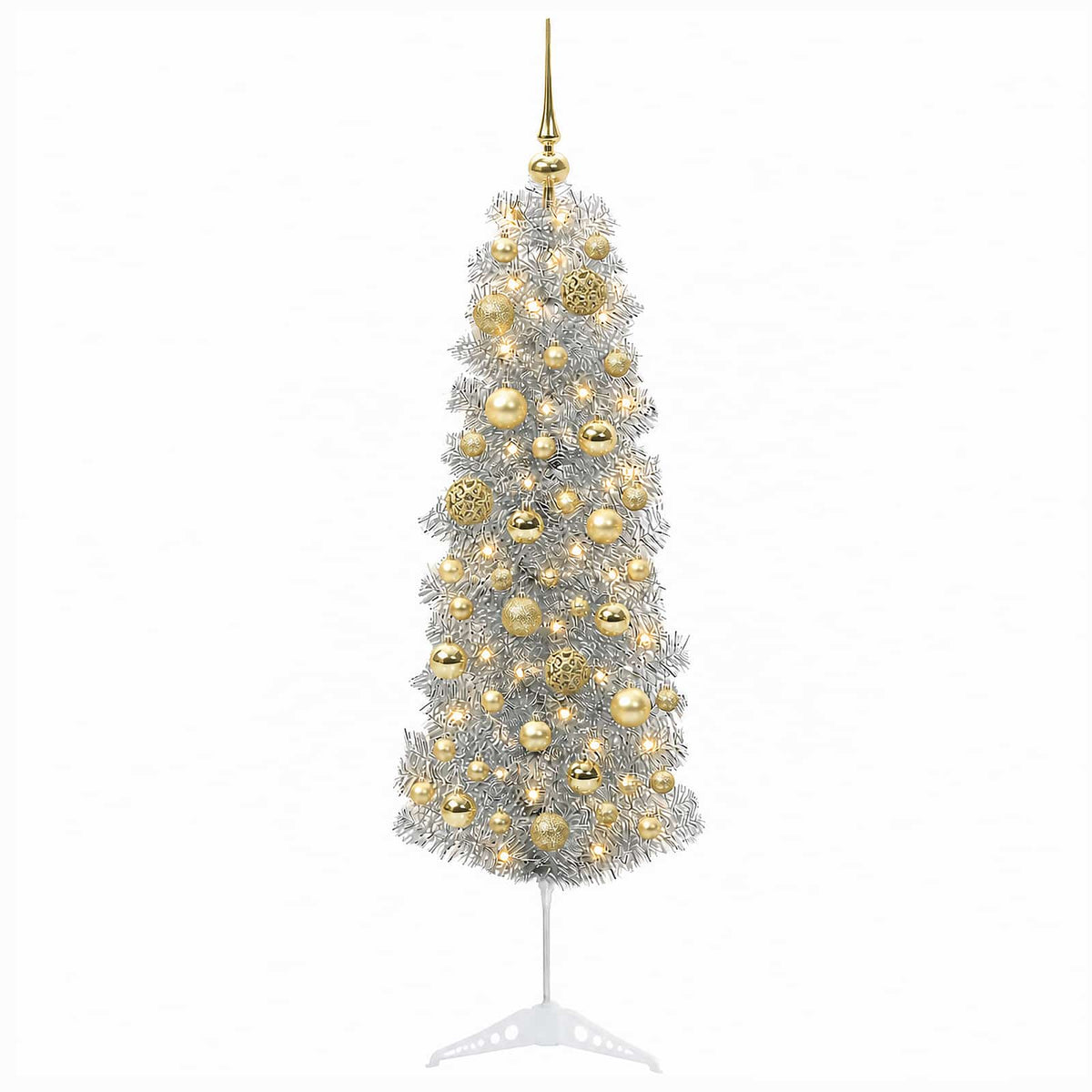 vidaXL Sztuczna wąska choinka z bombkami 150 cm 150 LED Ciepła biel