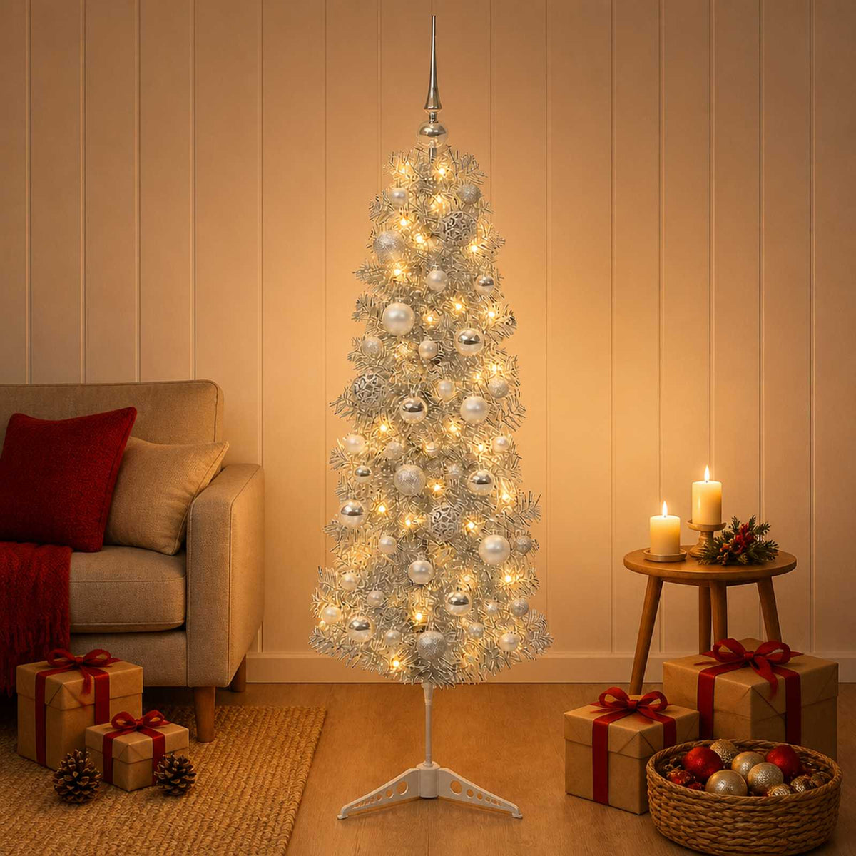 vidaXL Sztuczna wąska choinka z bombkami 150 cm 150 LED Ciepła biel