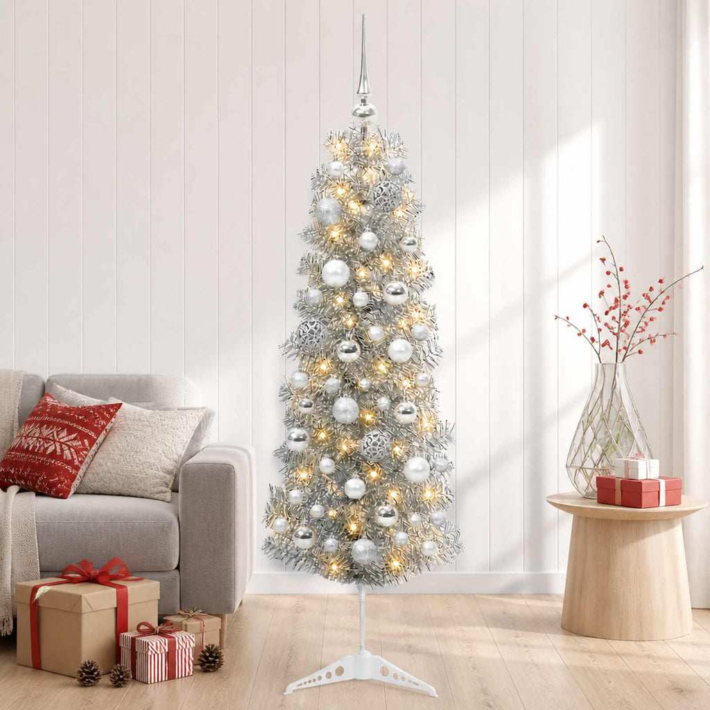 vidaXL Sztuczna wąska choinka z bombkami 150 cm 150 LED Ciepła biel