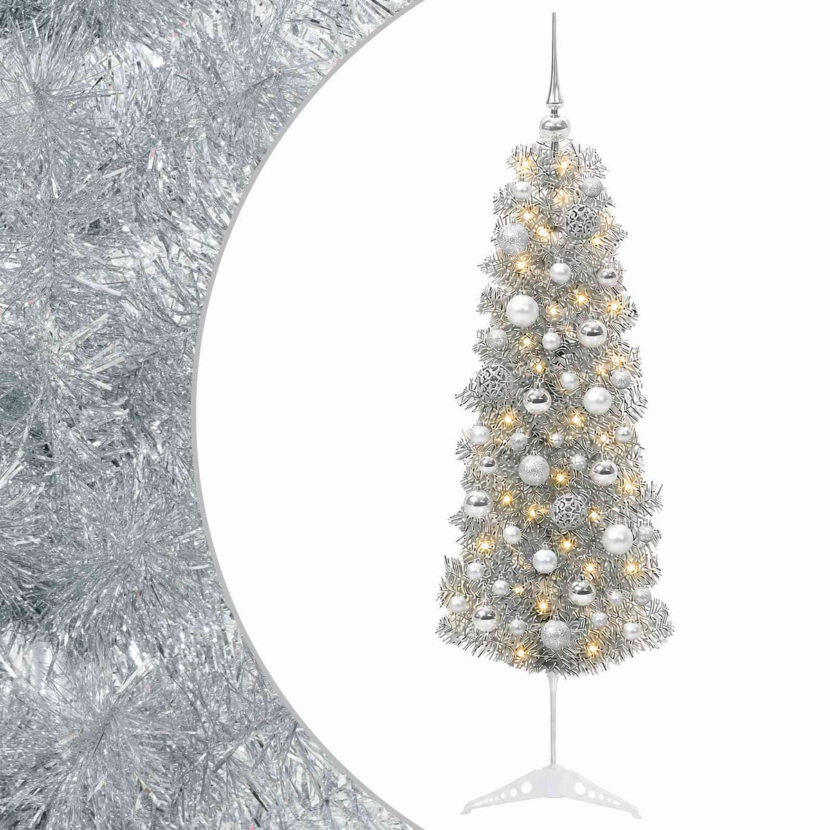 vidaXL Sztuczna wąska choinka z bombkami 150 cm 150 LED Ciepła biel