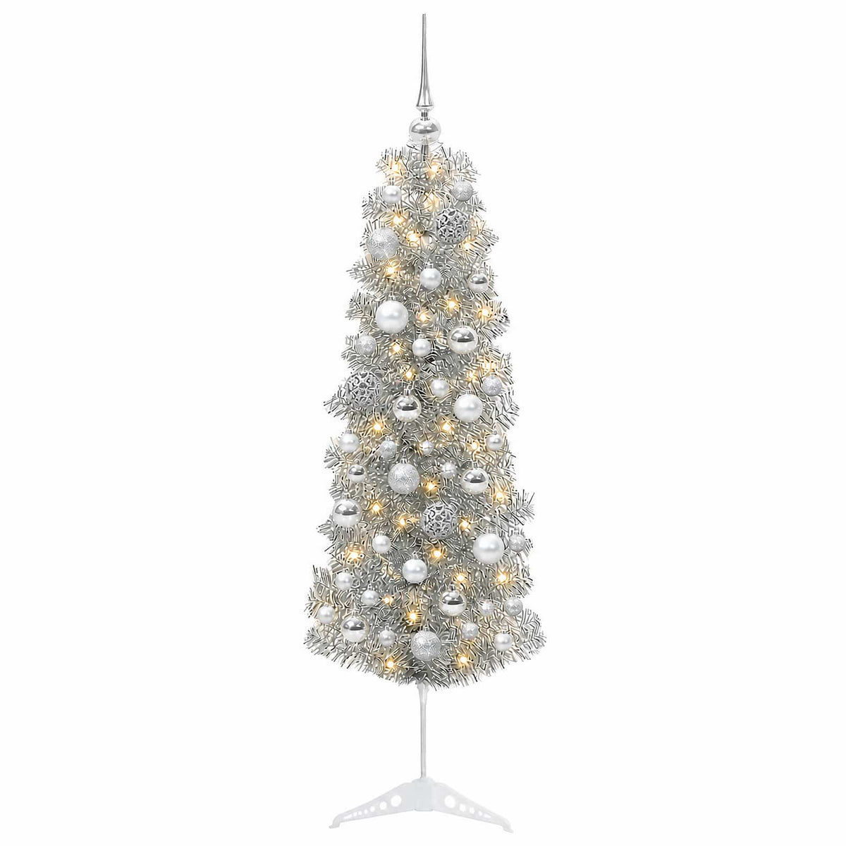 vidaXL Sztuczna wąska choinka z bombkami 150 cm 150 LED Ciepła biel