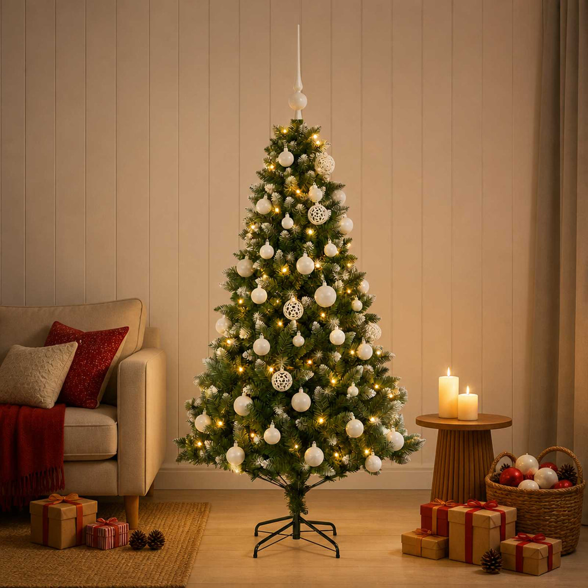 vidaXL Sztuczna choinka z bombkami 150 cm 150 LED Ciepła biel