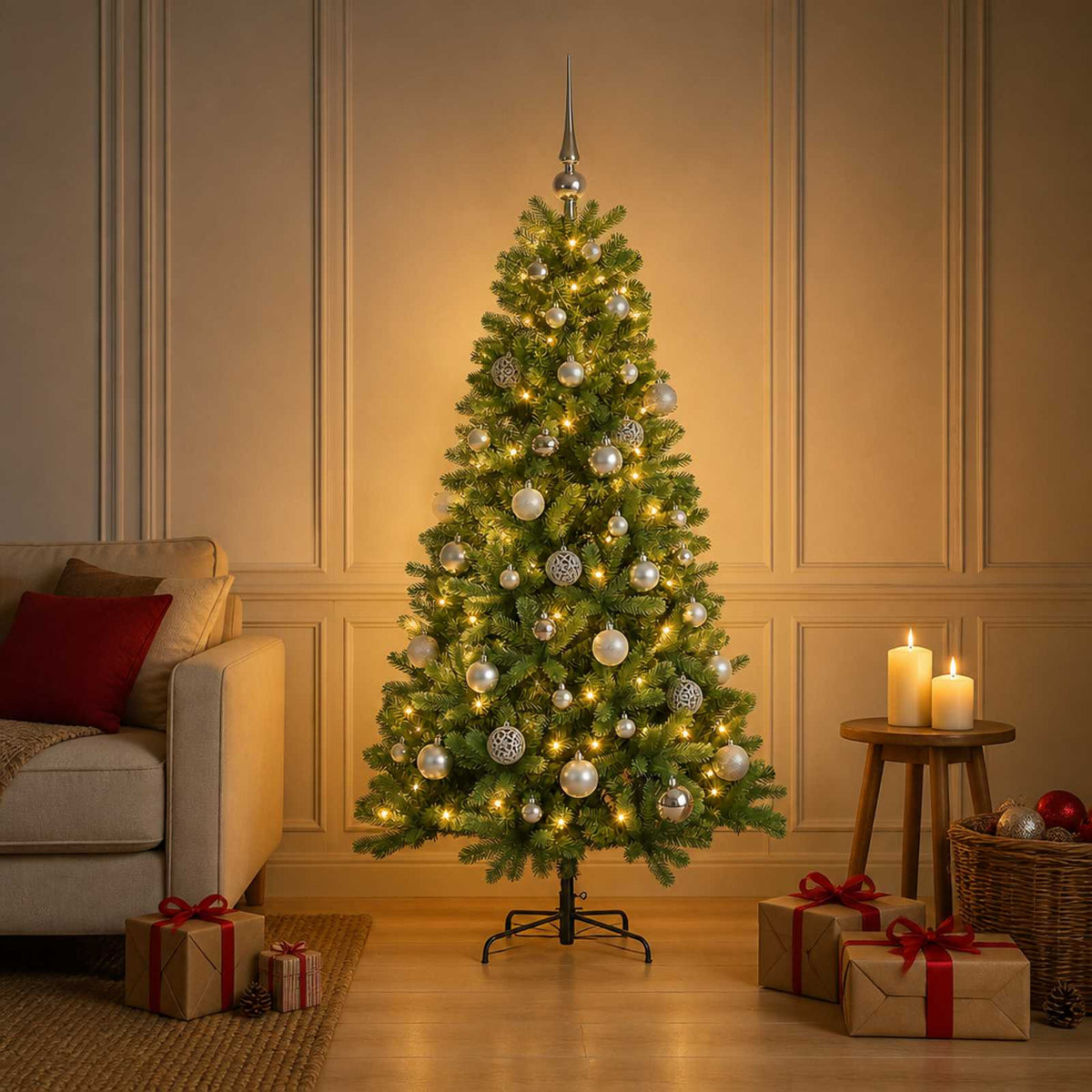 vidaXL Sztuczna choinka z bombką 120 cm 150 LED Ciepła biel PVC