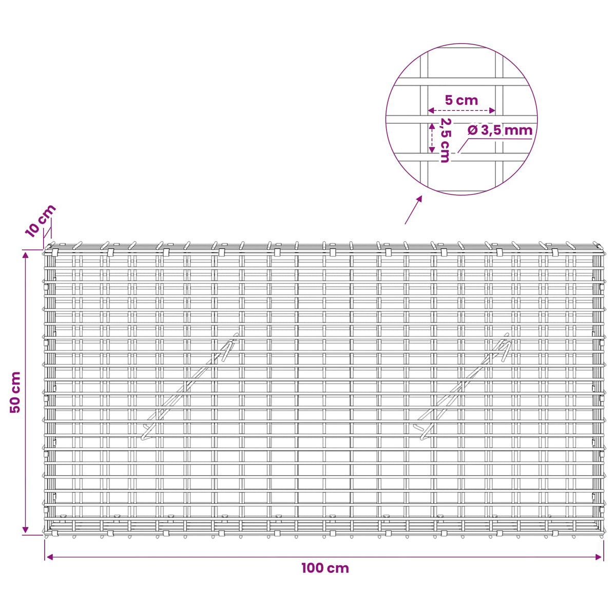vidaXL Gabion z drutu 3,5 mm i siatką 5x2,5 cm 100x10x50 cm