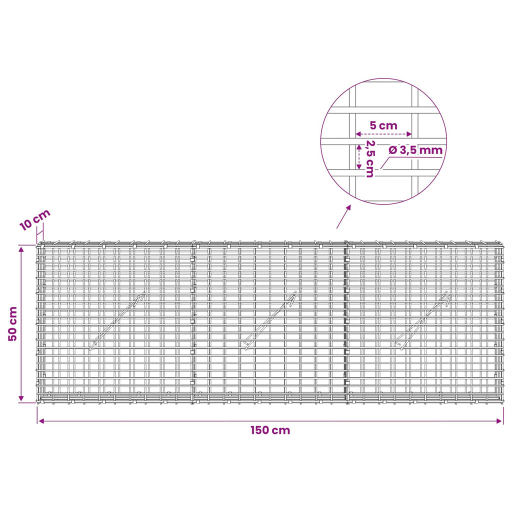 vidaXL Gabion z drutu 3,5 mm i siatką 5x2,5 cm 150x10x50 cm