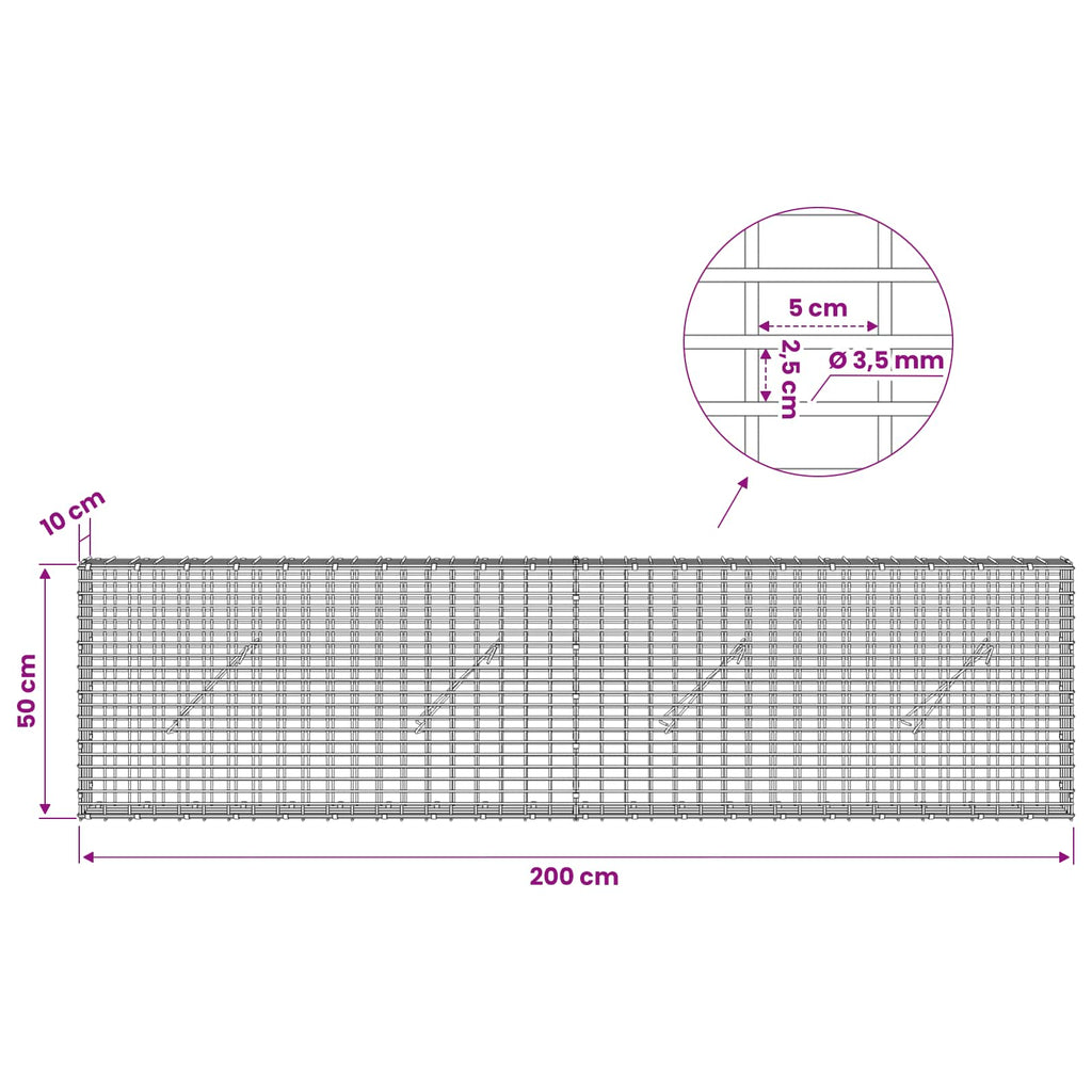 vidaXL Gabion z drutu 3,5 mm i siatką 5x2,5 cm 200x10x50 cm
