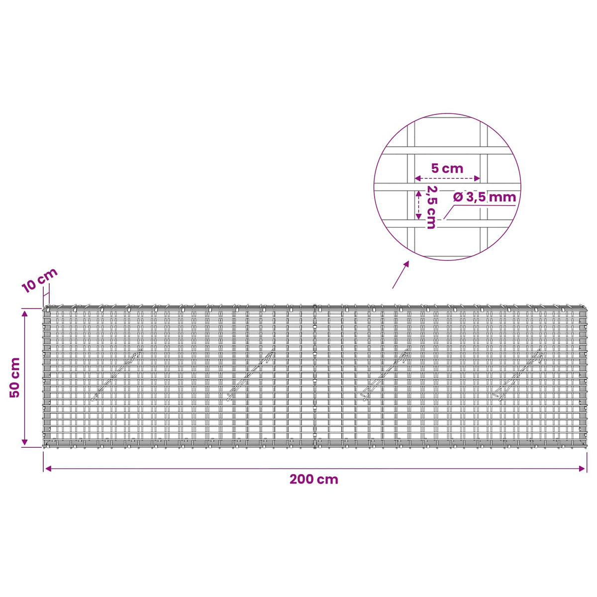 vidaXL Gabion z drutu 3,5 mm i siatką 5x2,5 cm 200x10x50 cm
