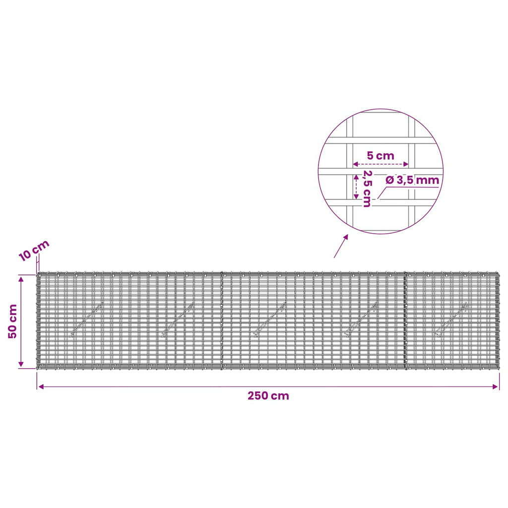 vidaXL Gabion z drutu 3,5 mm i siatką 5x2,5 cm 250x10x50 cm
