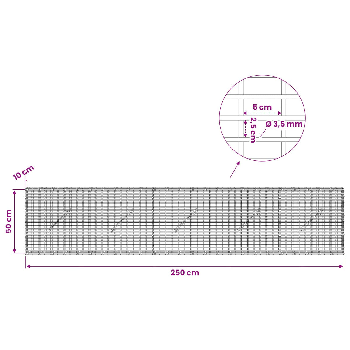 vidaXL Gabion z drutu 3,5 mm i siatką 5x2,5 cm 250x10x50 cm