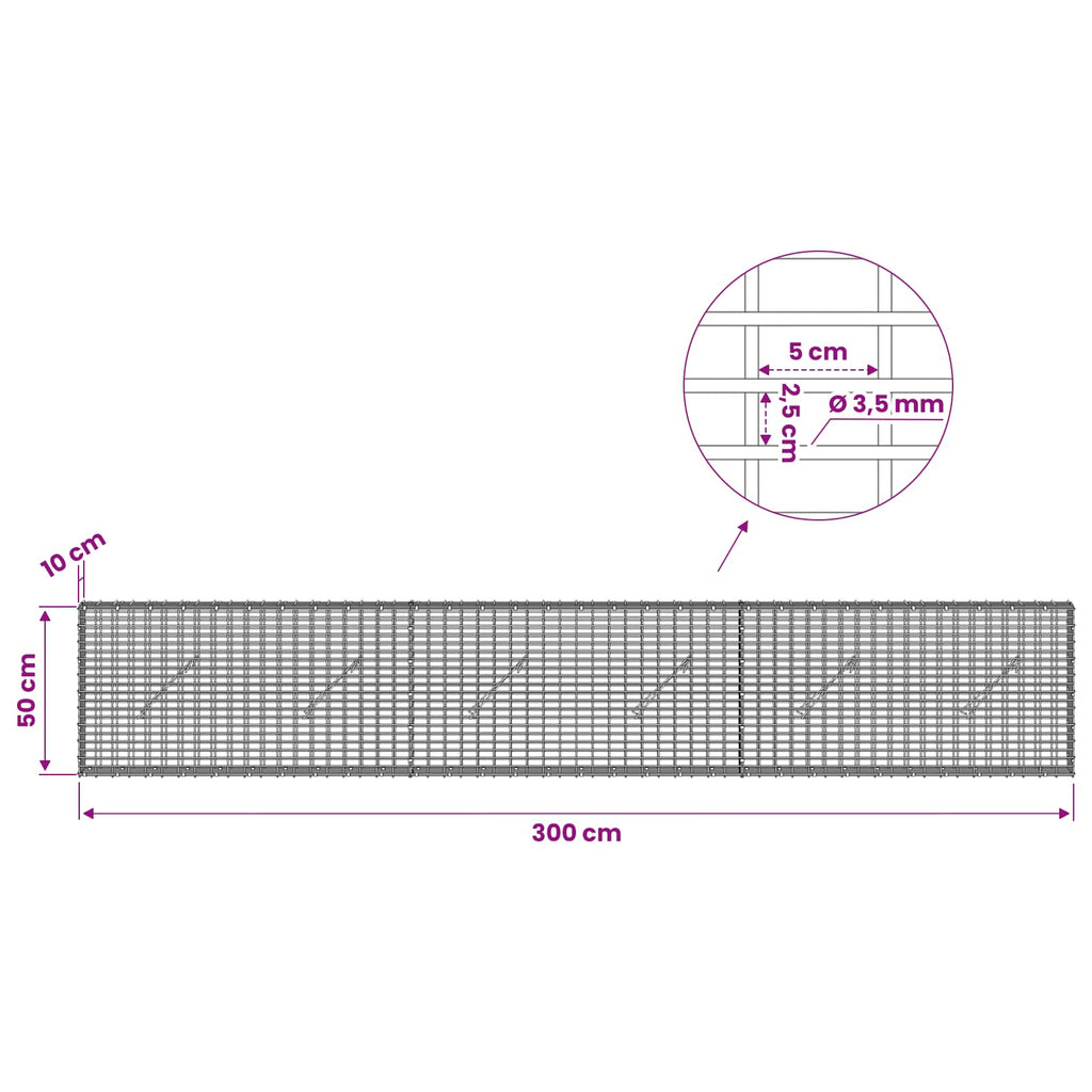 vidaXL Gabion z drutu 3,5 mm i siatką 5x2,5 cm 300x10x50 cm