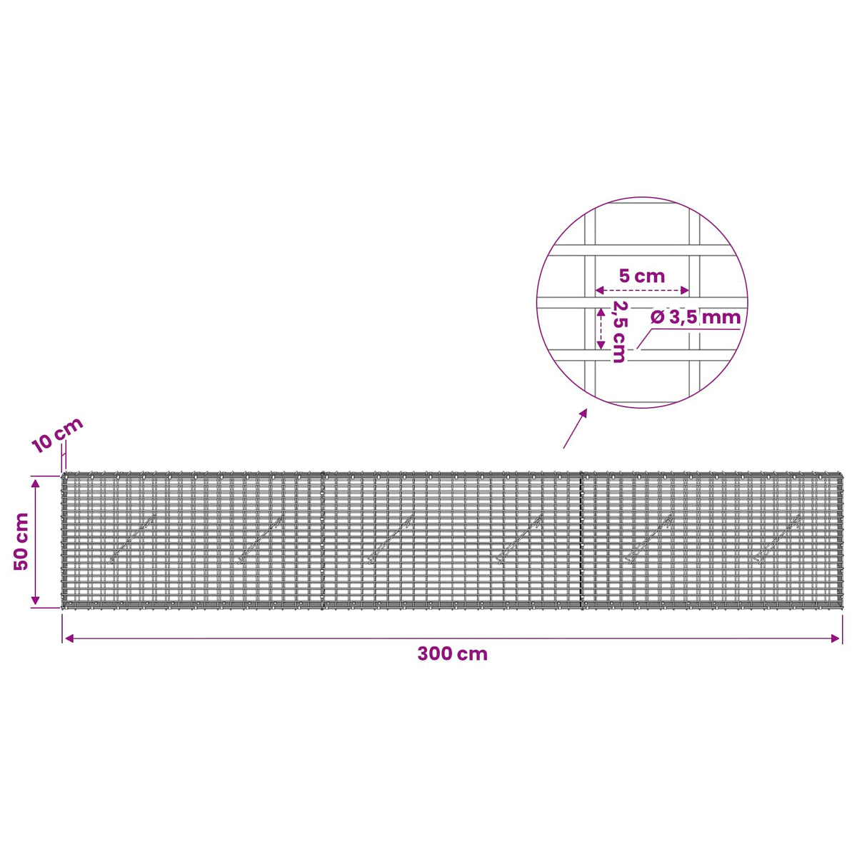 vidaXL Gabion z drutu 3,5 mm i siatką 5x2,5 cm 300x10x50 cm
