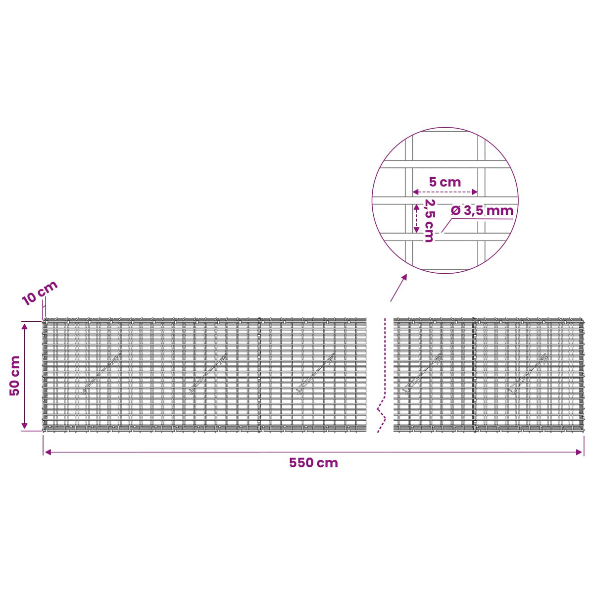 vidaXL Gabion z drutu 3,5 mm i siatką 5x2,5 cm 550x10x50 cm