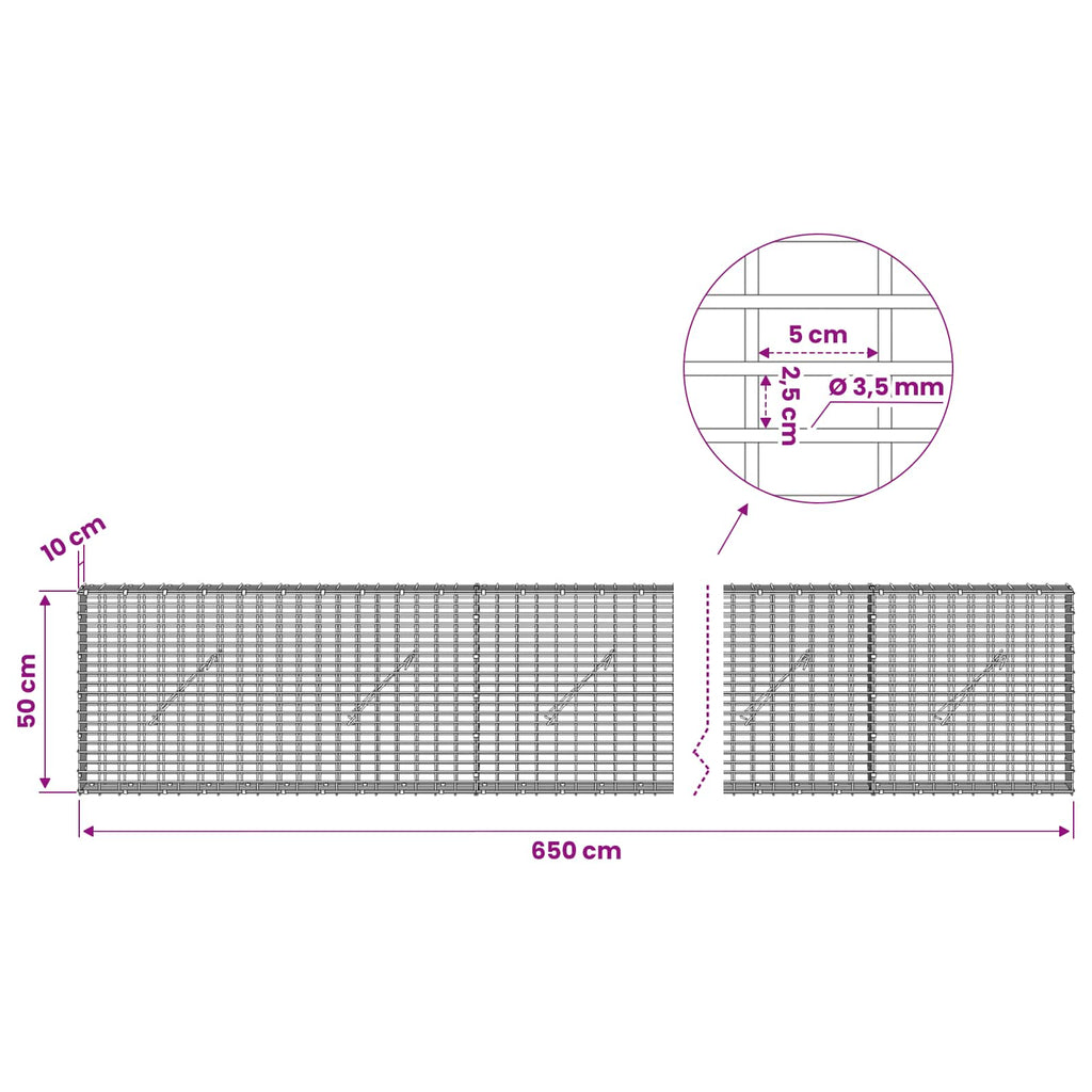 vidaXL Gabion z drutu 3,5 mm i siatką 5x2,5 cm 650x10x50 cm
