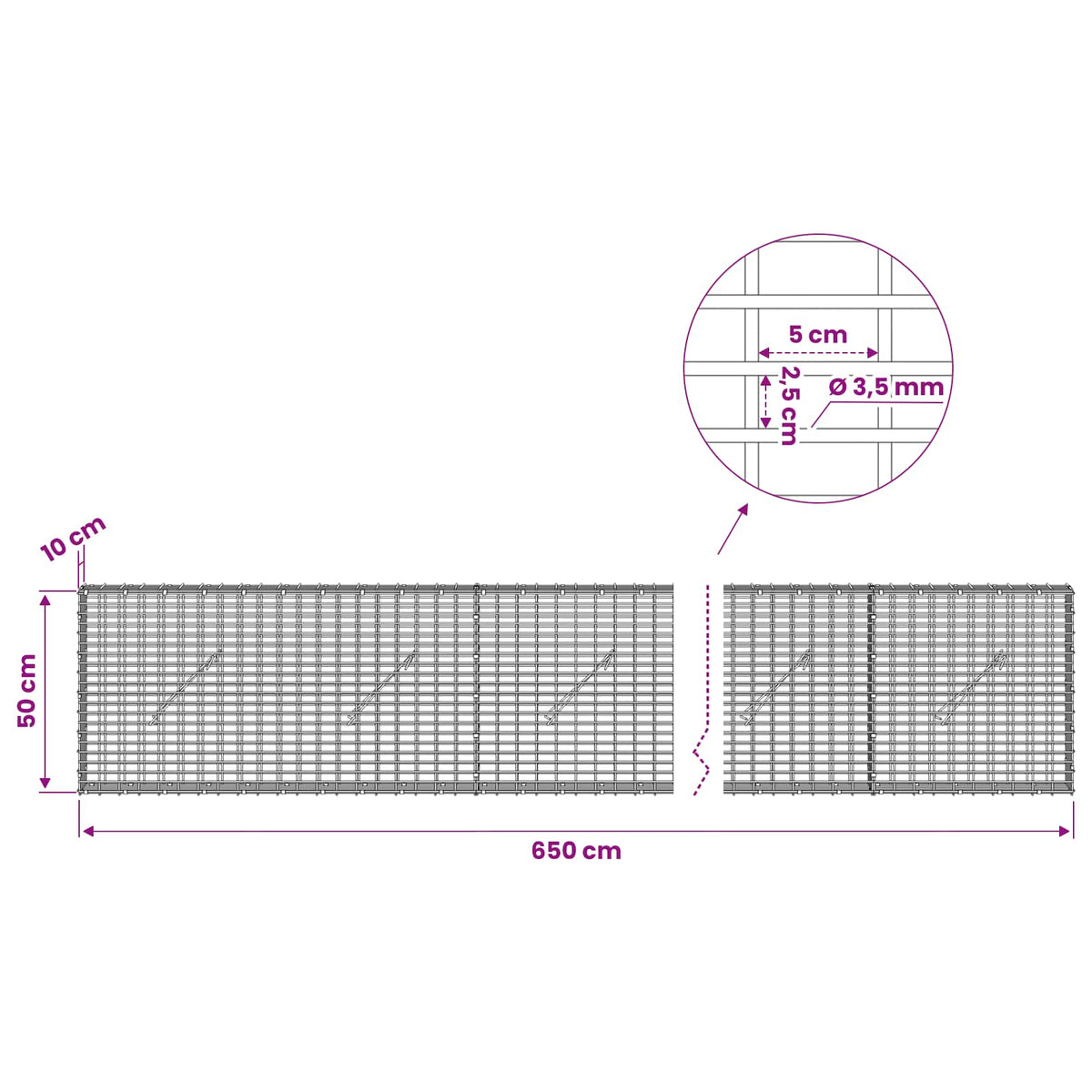 vidaXL Gabion z drutu 3,5 mm i siatką 5x2,5 cm 650x10x50 cm