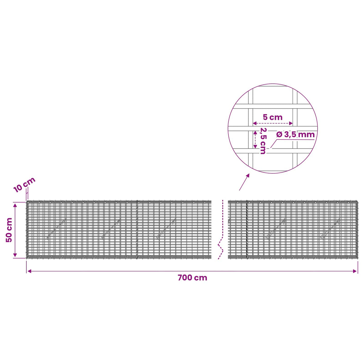 vidaXL Gabion z drutu 3,5 mm i siatką 5x2,5 cm 700x10x50 cm