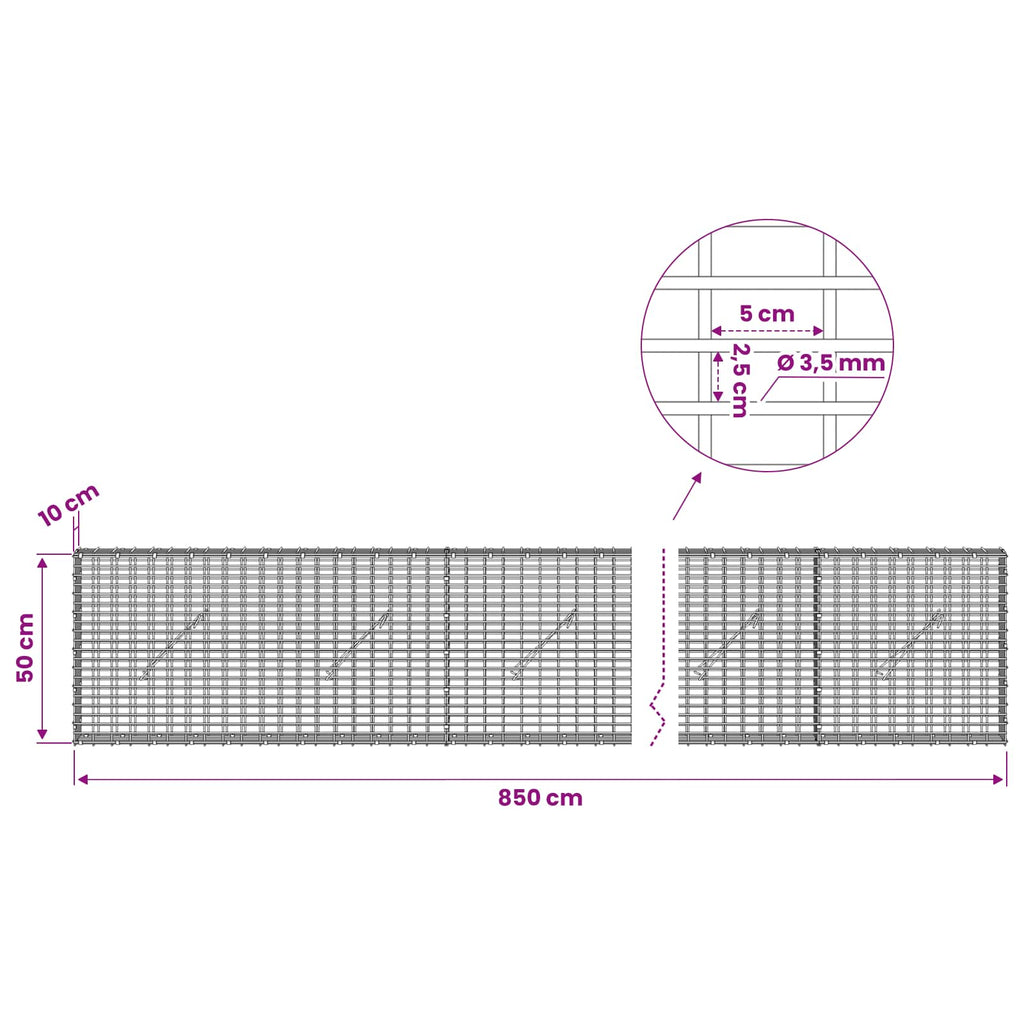 vidaXL Gabion z drutu 3,5 mm i siatką 5x2,5 cm 850x10x50 cm