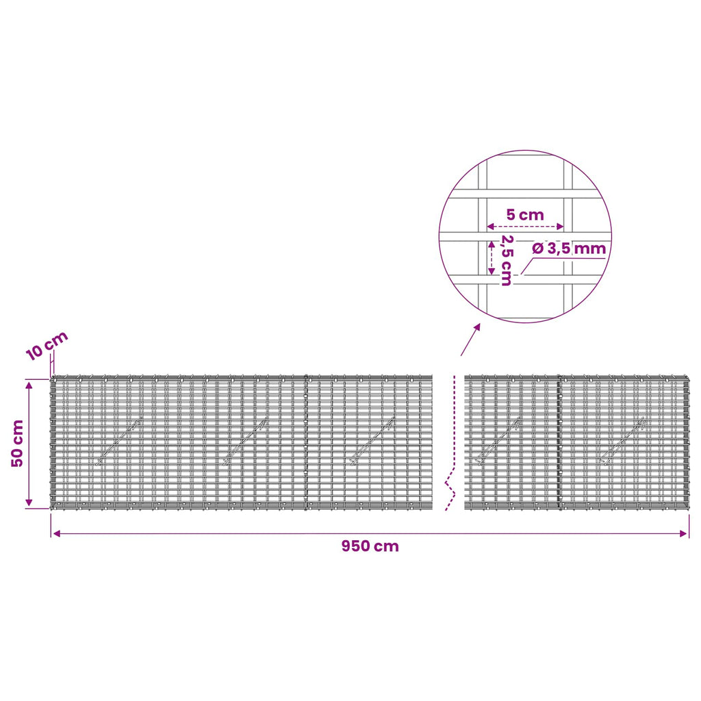 vidaXL Gabion z drutu 3,5 mm i siatką 5x2,5 cm 950x10x50 cm