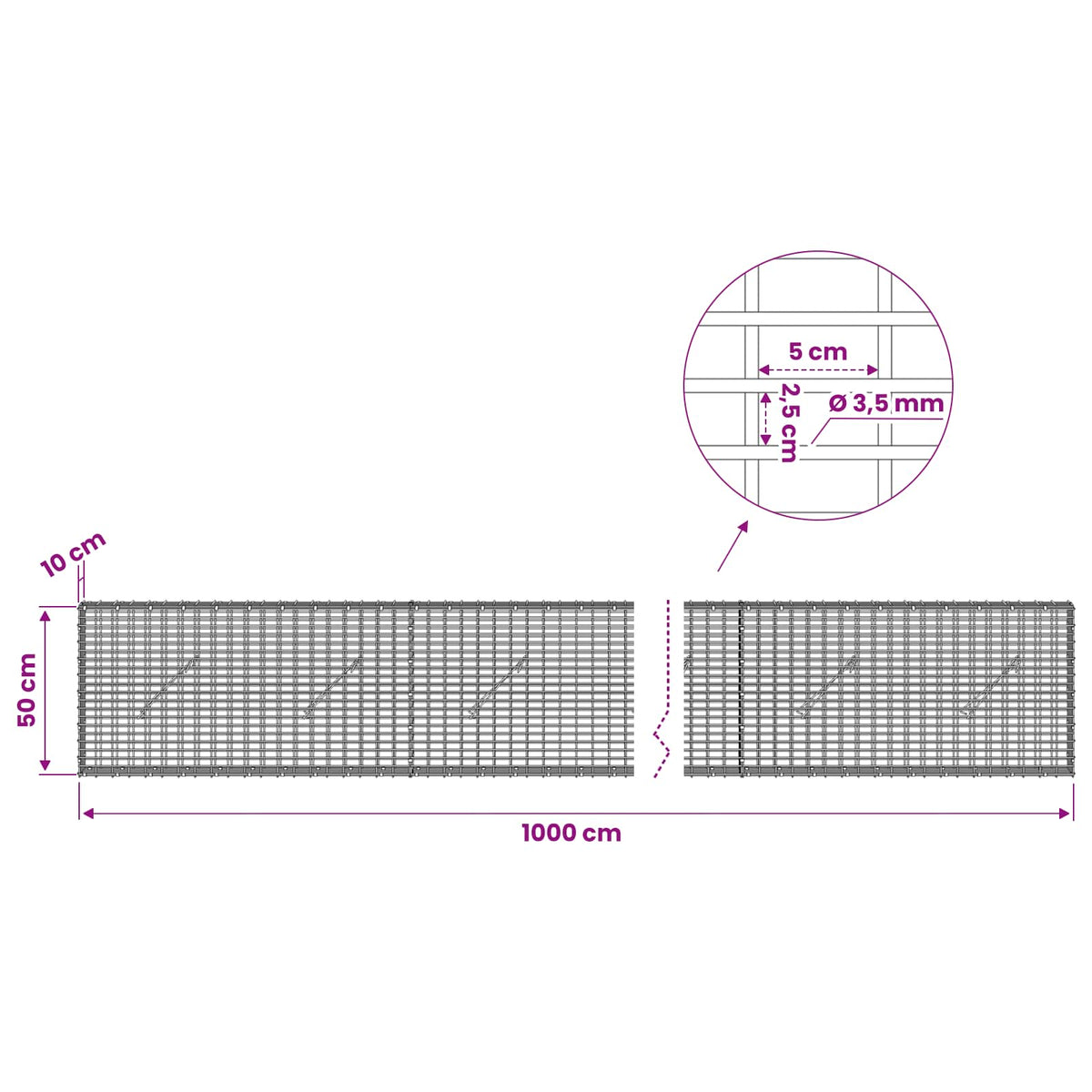 vidaXL Gabion z drutu 3,5 mm i siatką 5x2,5 cm 1000x10x50 cm