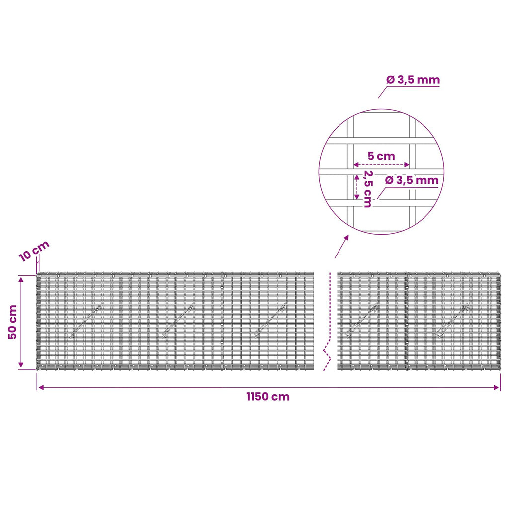 vidaXL Gabion z drutu 3,5 mm i siatką 5x2,5 cm 1150x10x50 cm