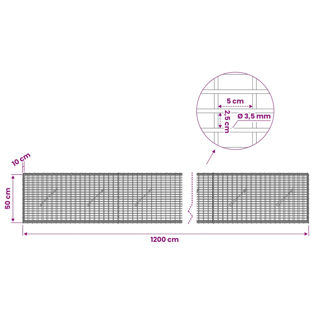 vidaXL Gabion z drutu 3,5 mm i siatką 5x2,5 cm 1200x10x50 cm