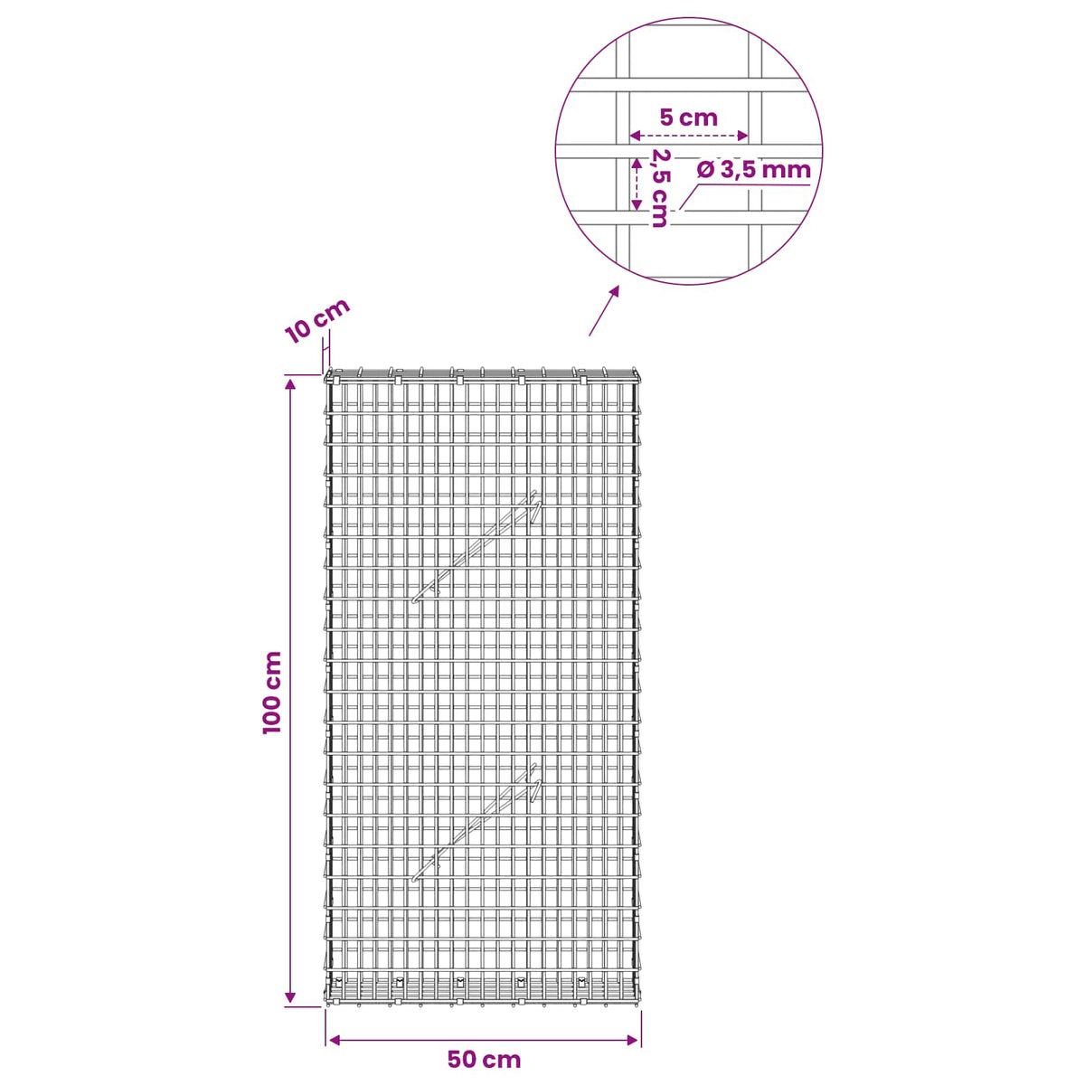 vidaXL Gabion z drutu 3,5 mm i siatką 5x2,5 cm 50x10x100 cm