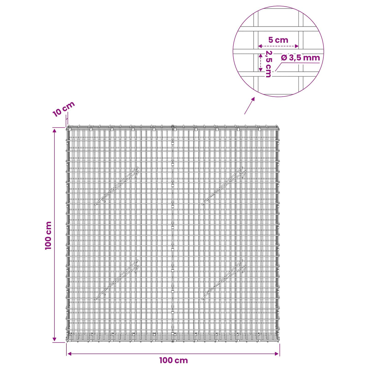 vidaXL Gabion z drutu 3,5 mm i siatką 5x2,5 cm 100x10x100 cm