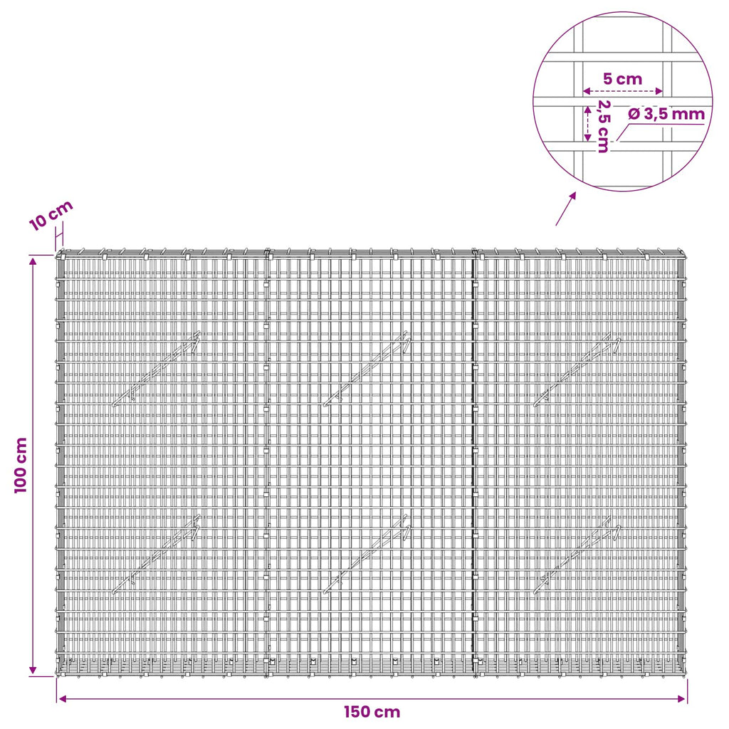 vidaXL Gabion z drutu 3,5 mm i siatką 5x2,5 cm 150x10x100 cm