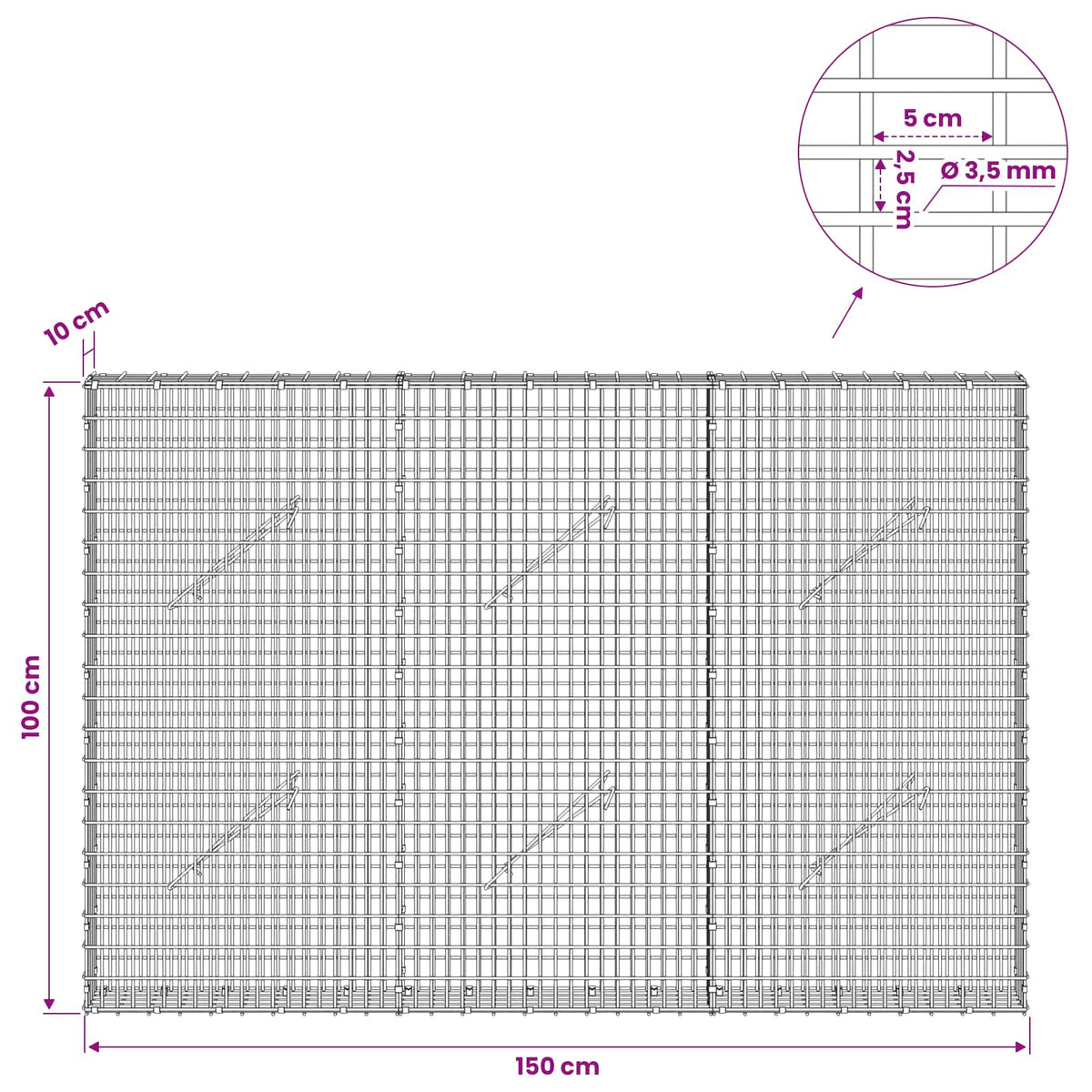 vidaXL Gabion z drutu 3,5 mm i siatką 5x2,5 cm 150x10x100 cm