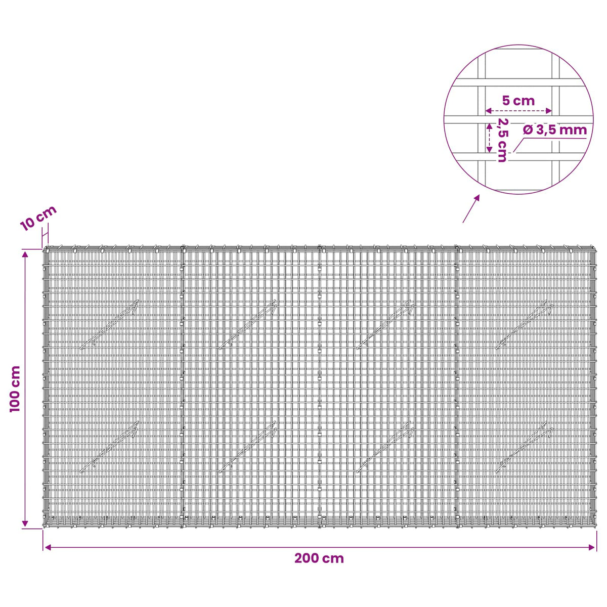 vidaXL Gabion z drutu 3,5 mm i siatką 5x2,5 cm 200x10x100 cm