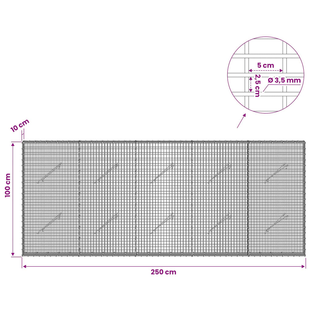 vidaXL Gabion z drutu 3,5 mm i siatką 5x2,5 cm 250x10x100 cm