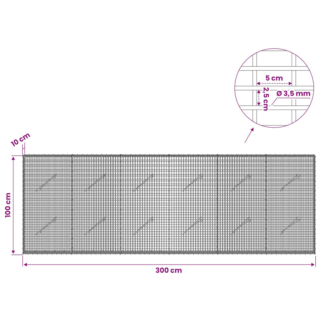 vidaXL Gabion z drutu 3,5 mm i siatką 5x2,5 cm 300x10x100 cm