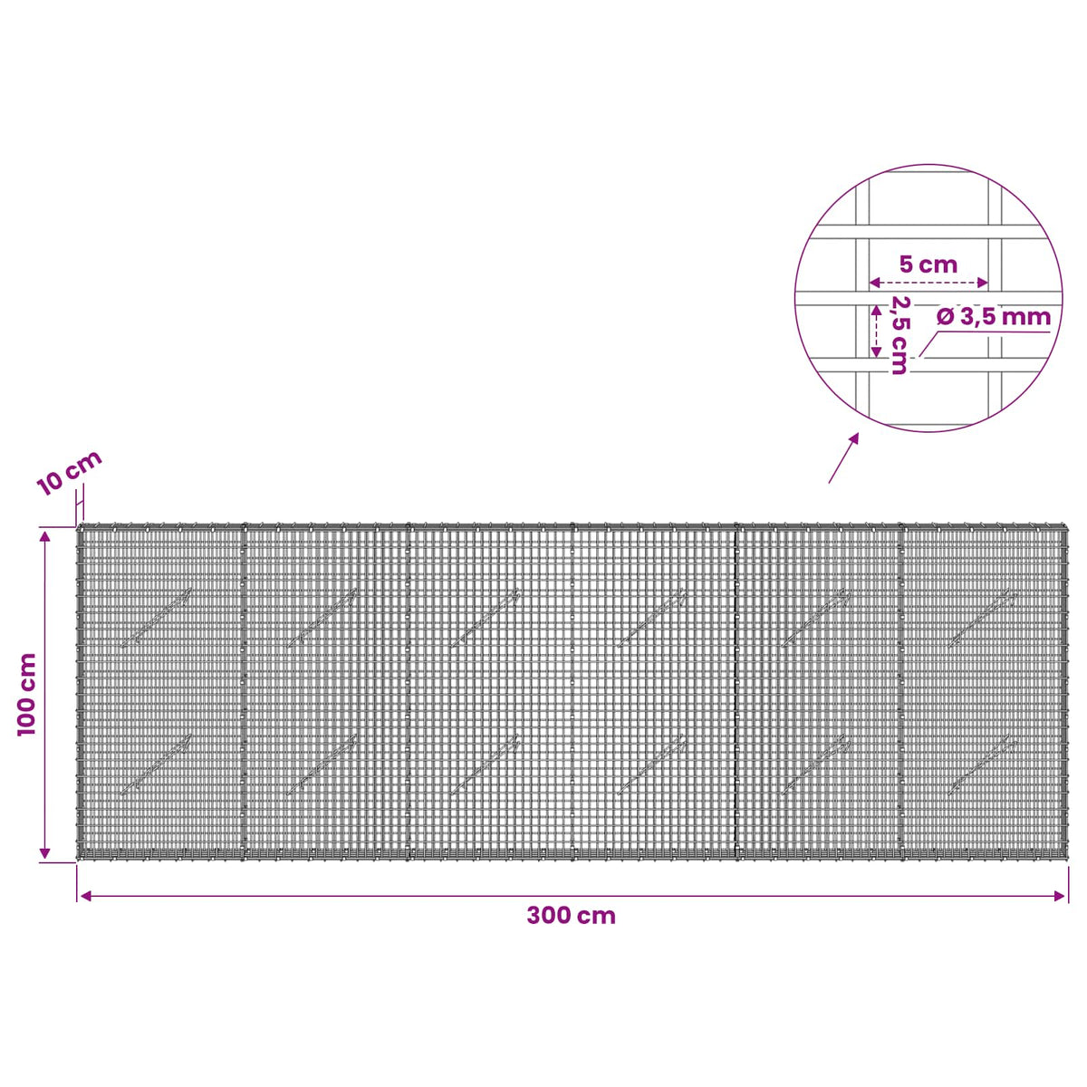 vidaXL Gabion z drutu 3,5 mm i siatką 5x2,5 cm 300x10x100 cm